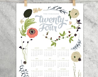 2024 Wall Calendar, 11x17 Year-at-a-Glance Calendar 2024, wildflowers, flowers, floral garland and laurels