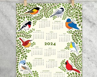 2024 Wall Calendar Poster, 11x17 Year-at-a-Glance Calendar 2024, yearly calendar, art print calendar, poster calendar, Birds