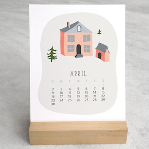 Calendrier de bureau 2027 | Calendrier de village illustré avec support en bois, taille standard