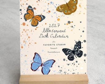 Illustrated Butterfly Desk Calendar 2027 | Maple Wood Stand, Flip Cards