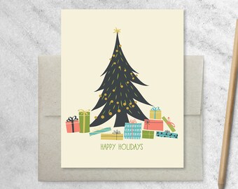 Boxed Christmas Cards with Kraft Envelopes | Set of 8 Holiday Cards | Boxed Greeting Cards, Gifts Under the Tree