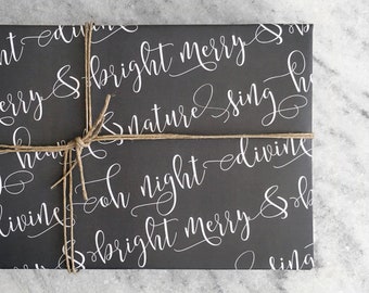 Modern Calligraphy Gift Wrap, fine Christmas wrapping paper, flat sheet paper, illustrated holiday gift wrap, 5 sheets