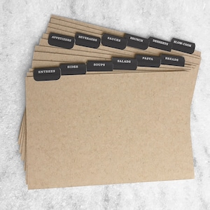 Intercalaires pour boîte de recette, onglets pour carte de recette, papier cartonné kraft 4 x 6 po | Stickers séparateurs | Cadeau d'hôtesse