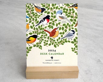 Birds Desk Calendar 2024 | 2024 Desk Calendar, standard size | 2024 Calendar with wood Stand | cardinal, chickadee, robin