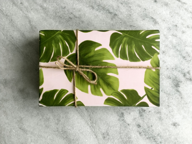 All occasion gift wrap, large green monstera leaves on a blush-pink background. Fine flat sheet wrapping paper.