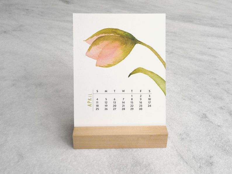 Peut inclure: Un calendrier de bureau avec une illustration aquarelle d'une tulipe rose et verte sur le dessus. Le mois d'avril est imprim&eacute; verticalement en lettres dor&eacute;es &agrave; c&ocirc;t&eacute; d'une grille noire indiquant les jours. La carte repose sur un socle en bois clair.