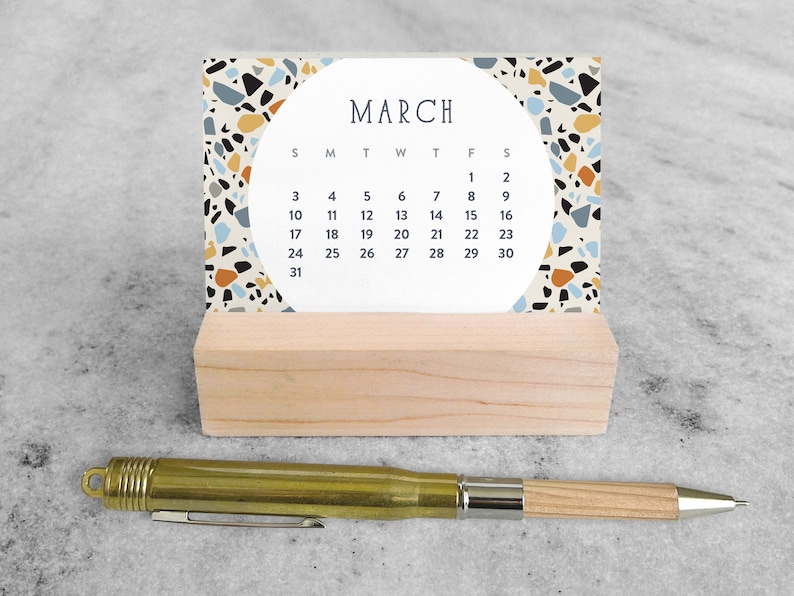 2024 Mini Desk Calendar Terrazzo Small Desk Calendar 2024 with wood stand Monthly Calendar, flip calendar image 4