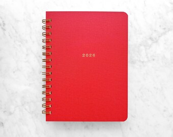 2026-2027 Weekly Planner: Red Bookcloth Cover, Personalized Monogram Option
