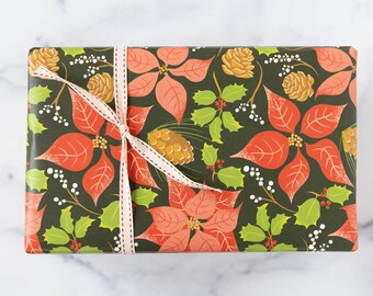 Hand-Illustrated Poinsettia Gift Wrap – Set of 3 Recyclable Holiday Flat Sheets