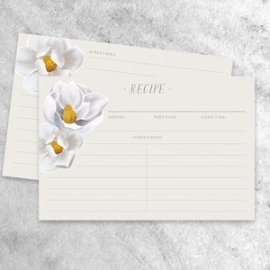 12 Recipe Cards for Recipe Box | 4x6 printed cards, Magnolia | Double-sided thick card stock, Hand-illustrated Magnolias