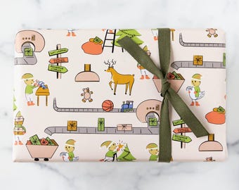 Santa's Elves Christmas Gift Wrap, Illustrated Holiday Paper, 3 Sheets