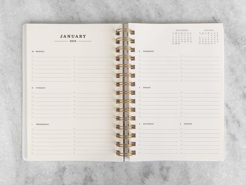 May include: An open spiral bound planner with a white cover and gold binding. The planner is open to January 2025 and has a calendar view for December 2024 and January 2025. The planner has a daily layout with space for notes and tasks.