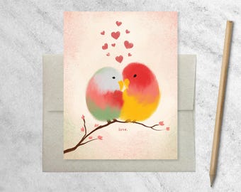Love Birds Anniversary Card | Original Illustration, Kraft Envelope