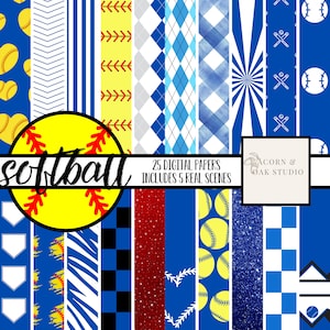 Softball Digital Papers | Blue & White | 25 12x12 Digital Background Artwork