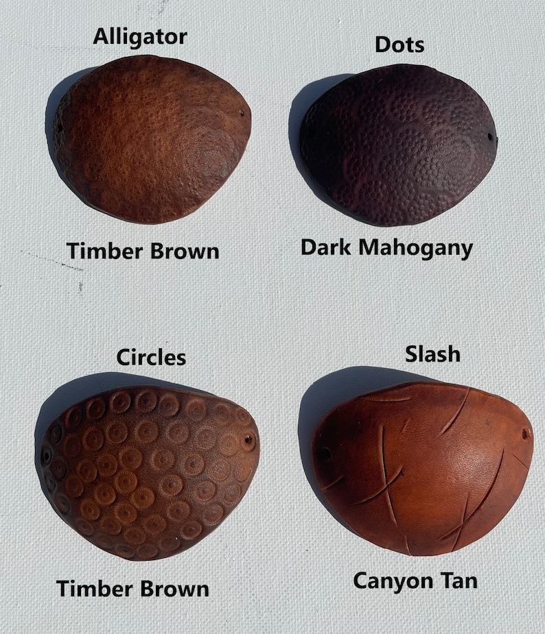 May include: Four leather eye patches in various shades of brown. The top left patch is Timber Brown with an alligator texture. The top right is Dark Mahogany with a dots texture. The bottom left is Timber Brown with a circles texture. The bottom right is Canyon Tan with a slash texture.