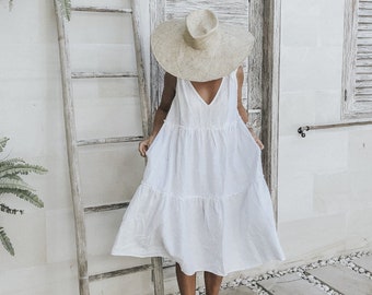 The OSTUNI Dress, Long Linen Tiered Frill Dress by LJC Designs