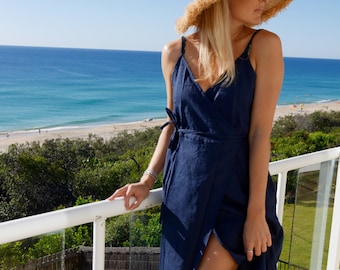 Wrap Dress - Navy Linen Wrap around Dress, Beach Dress, Ladies Fashion