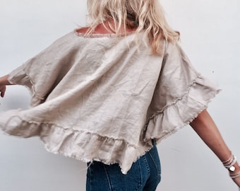 Wayan Frill Top, Natural or White Linen Crop Top with Frilled Hem, Tassel Fringe Neckline