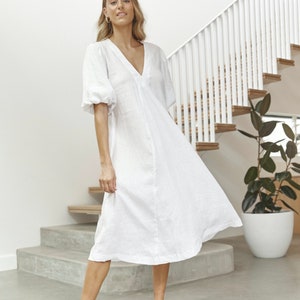 Charlotte Dress, Linen Balloon Sleeve Dress White