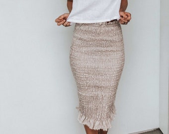 The Bonnie Shirred Midi Linen Skirt, Mini Dress - Linen Skirt by LJC Designs