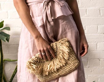 Natural Raffia Clutch, Tassel Clutch - Fold Over Design, Straw Beach Bag, Bridesmaid Clutch