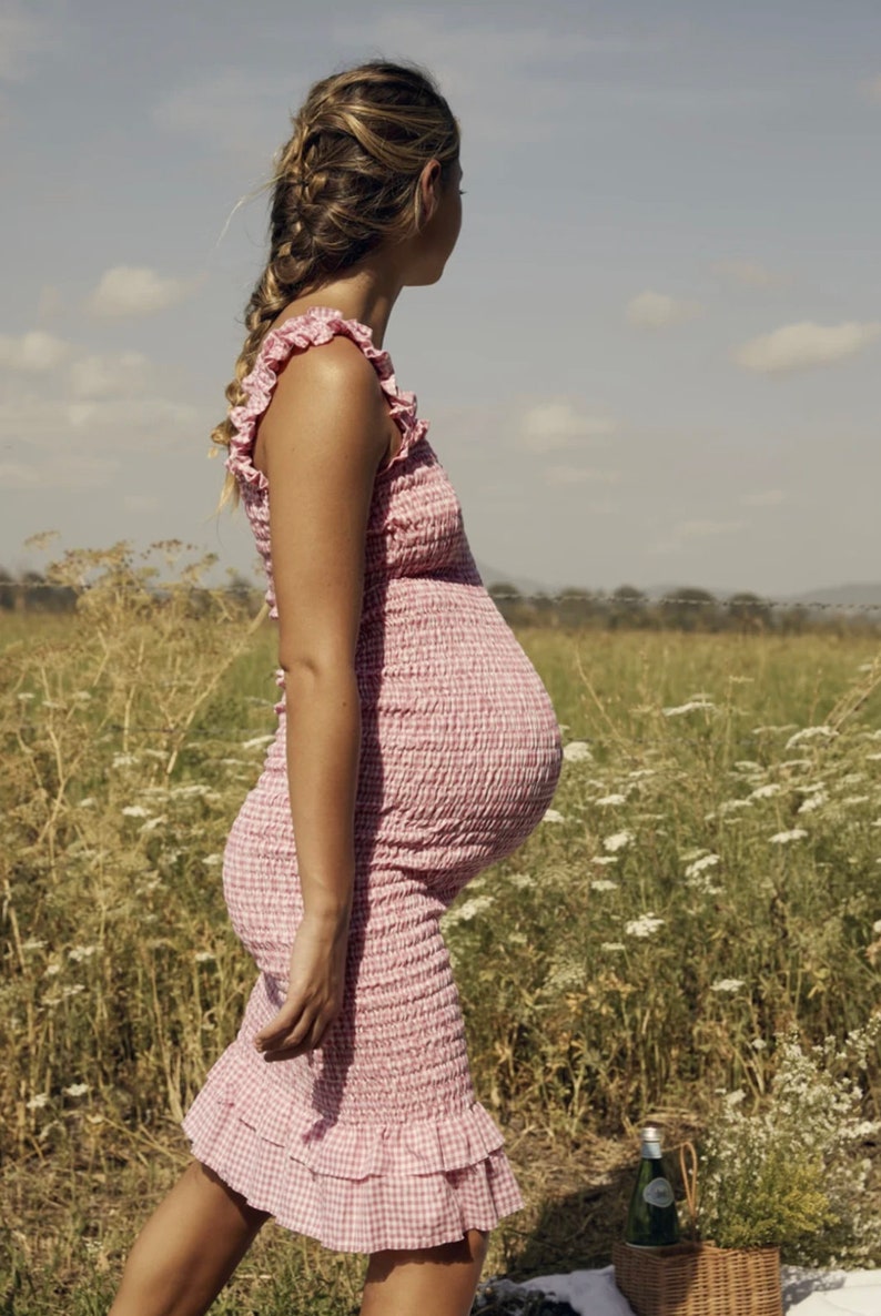 Eva Dress, Shirred Stretchy Midi Dress Pink Mini Gingham