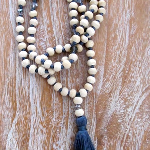 White Wooden Tassel Necklace Long Wooden Beaded, Bright Tassel, Mala Prayer Beads image 3