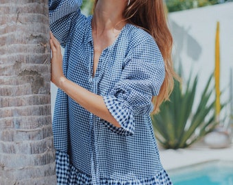 The Oliver Dress, Long Sleeve Navy Gingham Cotton Dress by LJC Designs