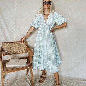 Charlotte Dress, Linen Balloon Sleeve Dress Jade Gingham Cotton