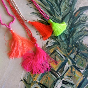 Hot Pink Beaded Tassel Necklace Chunky Lime Green Tassel - Etsy