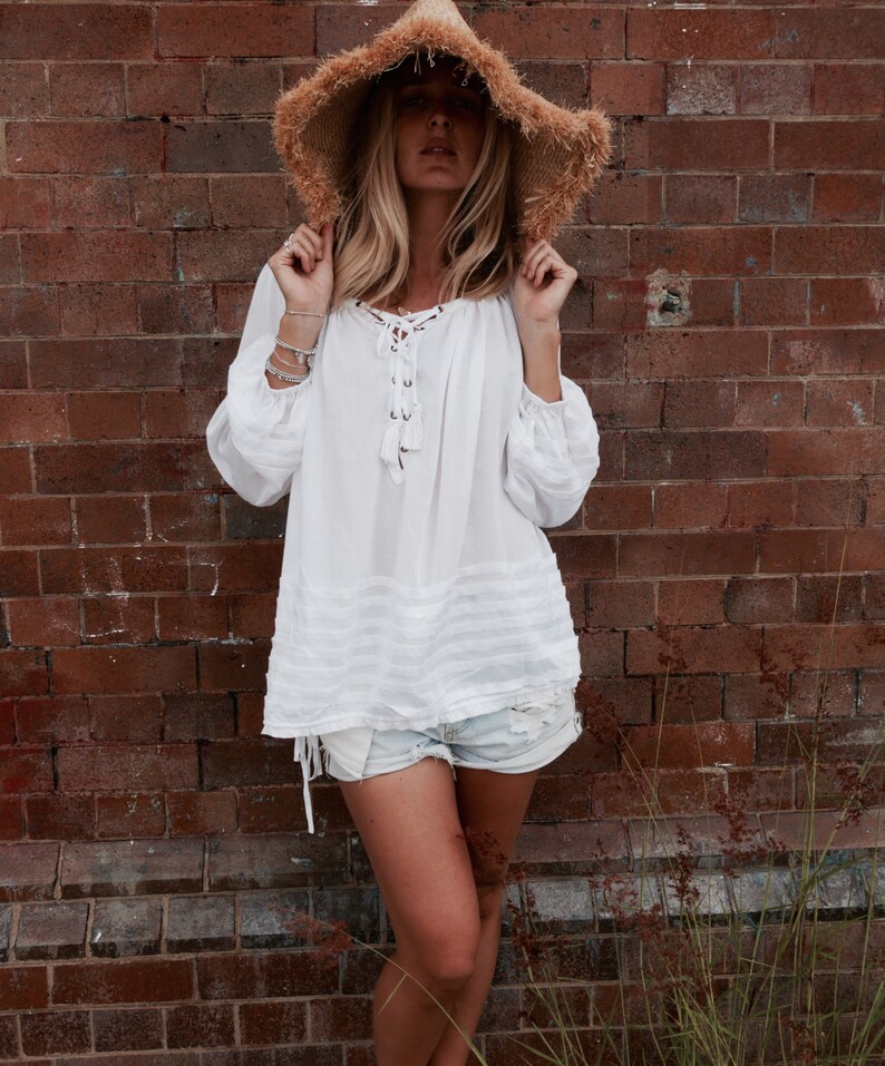White Peasant Blouse Top Lace up Neckline Pin Tuck Loose Etsy