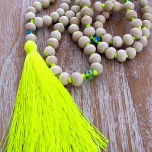 White Wooden Tassel Necklace Long Wooden Beaded, Bright Tassel, Mala Prayer Beads image 4