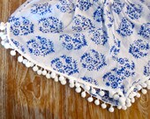 Blue & White Pom Pom Shorts - Trendy Blue and White Thyme Print with Large White Pom Pom's