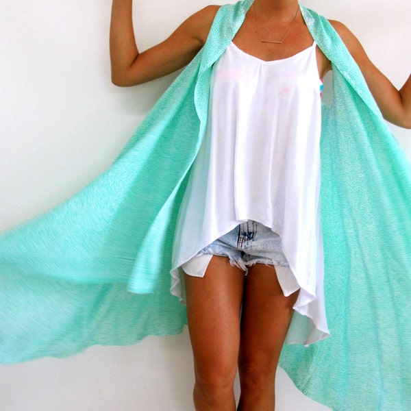 Mint Green Mini Leaf Print Kimono - Mint Green Beach Dress or Sarong, Long Cape Kimono Jacket - Sleeveless Robe, Free Size