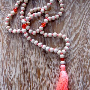 White Wooden Tassel Necklace Long Wooden Beaded, Bright Tassel, Mala Prayer Beads image 2