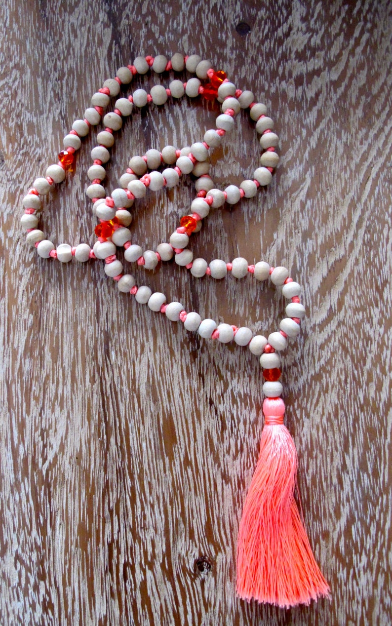 White Wooden Tassel Necklace Long Wooden Beaded, Bright Tassel, Mala Prayer Beads image 2