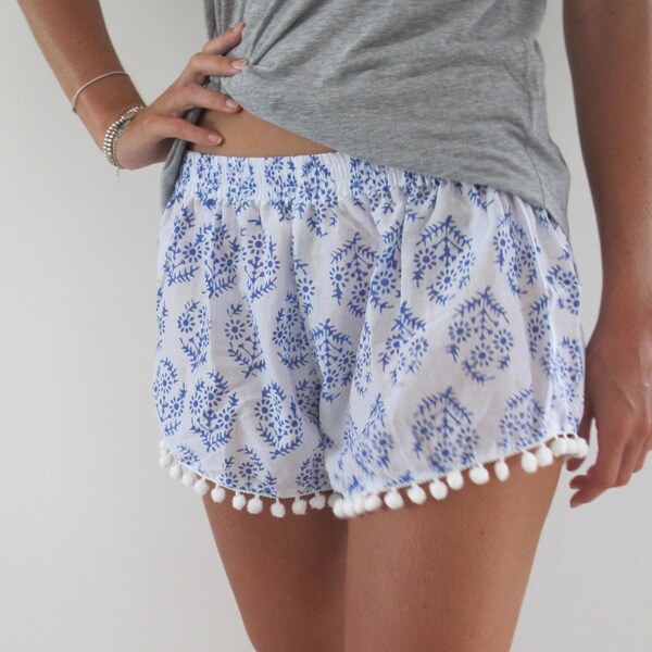 Pom Pom Shorts, Blue & White Print Trendy Beach Shorts - 70's inspired gym shorts