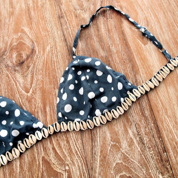 Polka Dot Shell Bralette - Navy Triangle Bra with Cowrie Shell Embellishment