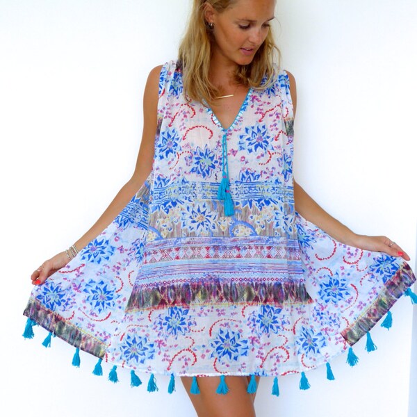 Ladies Tassel Swing Dress - The Indian Tassel Dress in Mixed Blues with Individual Aqua tassels along Hem