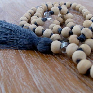 White Wooden Tassel Necklace Long Wooden Beaded, Bright Tassel, Mala Prayer Beads image 5