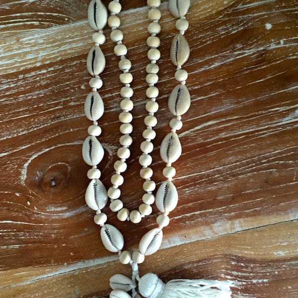 Shell Tassel Necklace- Boho Long Wooden Beaded, Cotton Chunky Tassel, Beach Cowry Shell Necklace