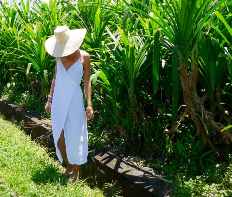 Ladies Fashion White Linen Wrap around Dress Beach Dress Wrap Dress