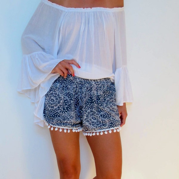 Cute Patterned Pom Pom Shorts - Loose Fit Navy Print with White pom pom's