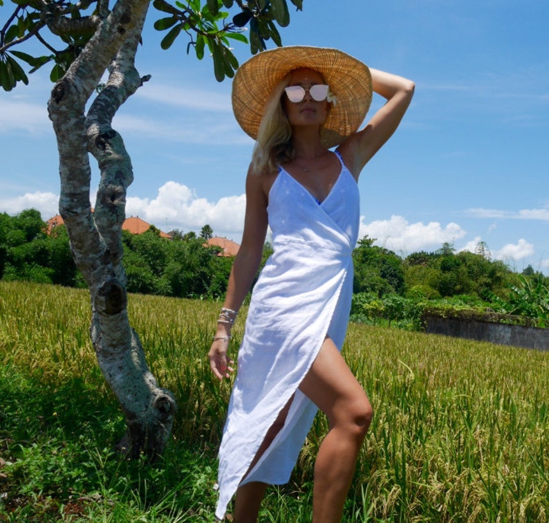 Ladies Fashion White Linen Wrap around Dress Beach Dress Wrap Dress