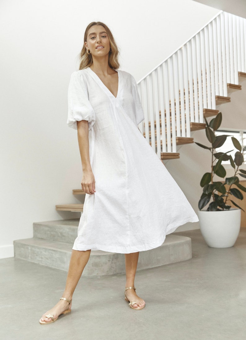 Charlotte Dress, Linen Balloon Sleeve Dress White