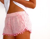 Pom Pom Shorts - Pale Pink and White Mini Leaf Print - Gym/Beach Shorts