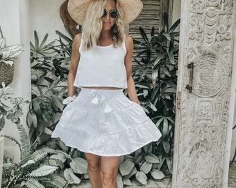 The ZANZIBAR Skirt, Tiered Linen Frill Mini Skirt by LJC Designs