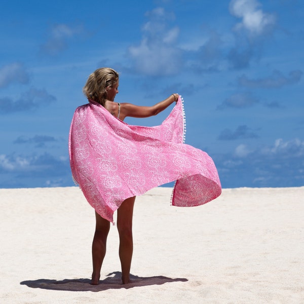 Pom Pom Sarong - Pink or Cobalt Blue and White - White pom pom trim, Beach Sarong, Beach blanket