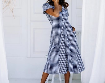 The LULU Cotton Navy Gingham Midi Length Dress by LJC Designs