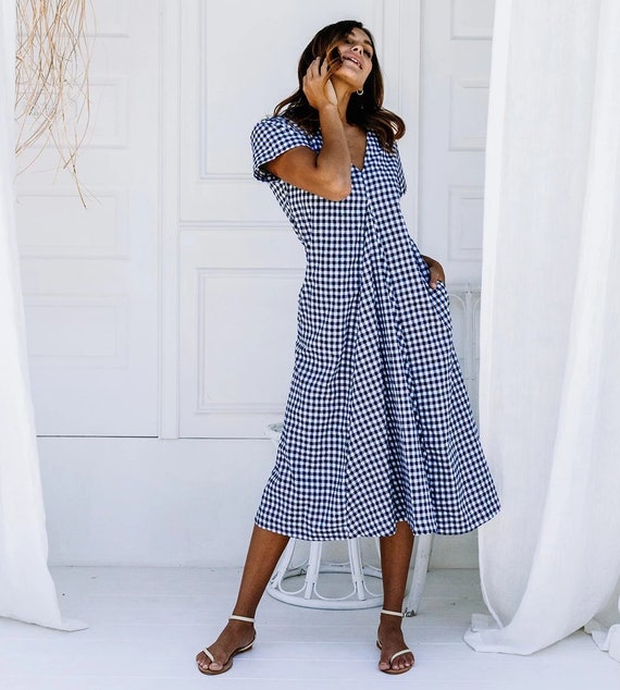The Lulu Cotton Navy Gingham Midi Length Dress by Ljc Designs